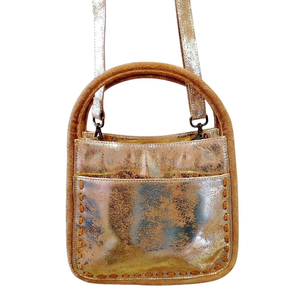 STS Gold Metallic Leather SuedeFlaxen Roan Sugar Crossbody Satchel Handbag NWOT - Picture 5 of 11